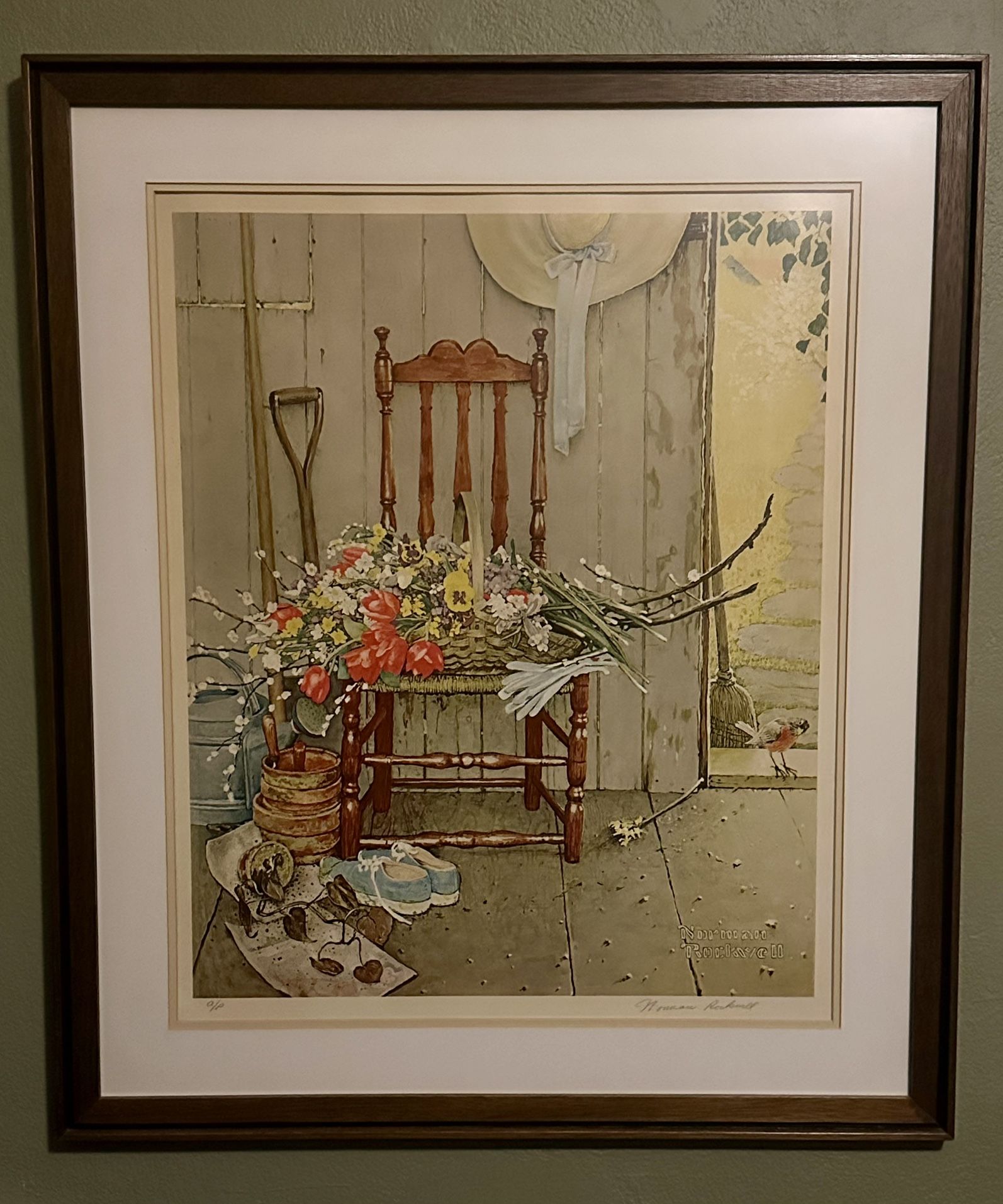 Signed Norman Rockwell Collotype Print “Spring Flowers”
