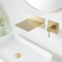 Luxury Single Handle Wall Mount Waterfall Bathroom Faucet in Brushed Gold