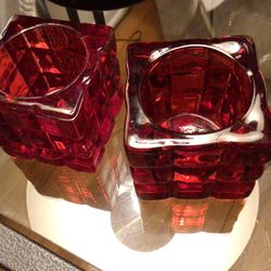 VTG -2-RED BLOCK GLASS CANDLE HOLDERS 