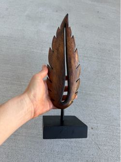 Vintage Hand Carved Wooden Leaf Sculpture on Stand Mid Century Modern Boho Decor 12”