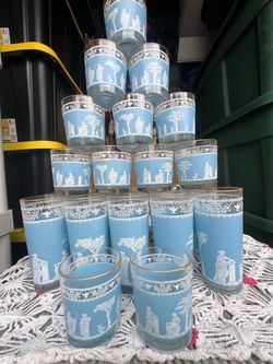 Vintage Blue Greek Mythology Drinking Glasses Set