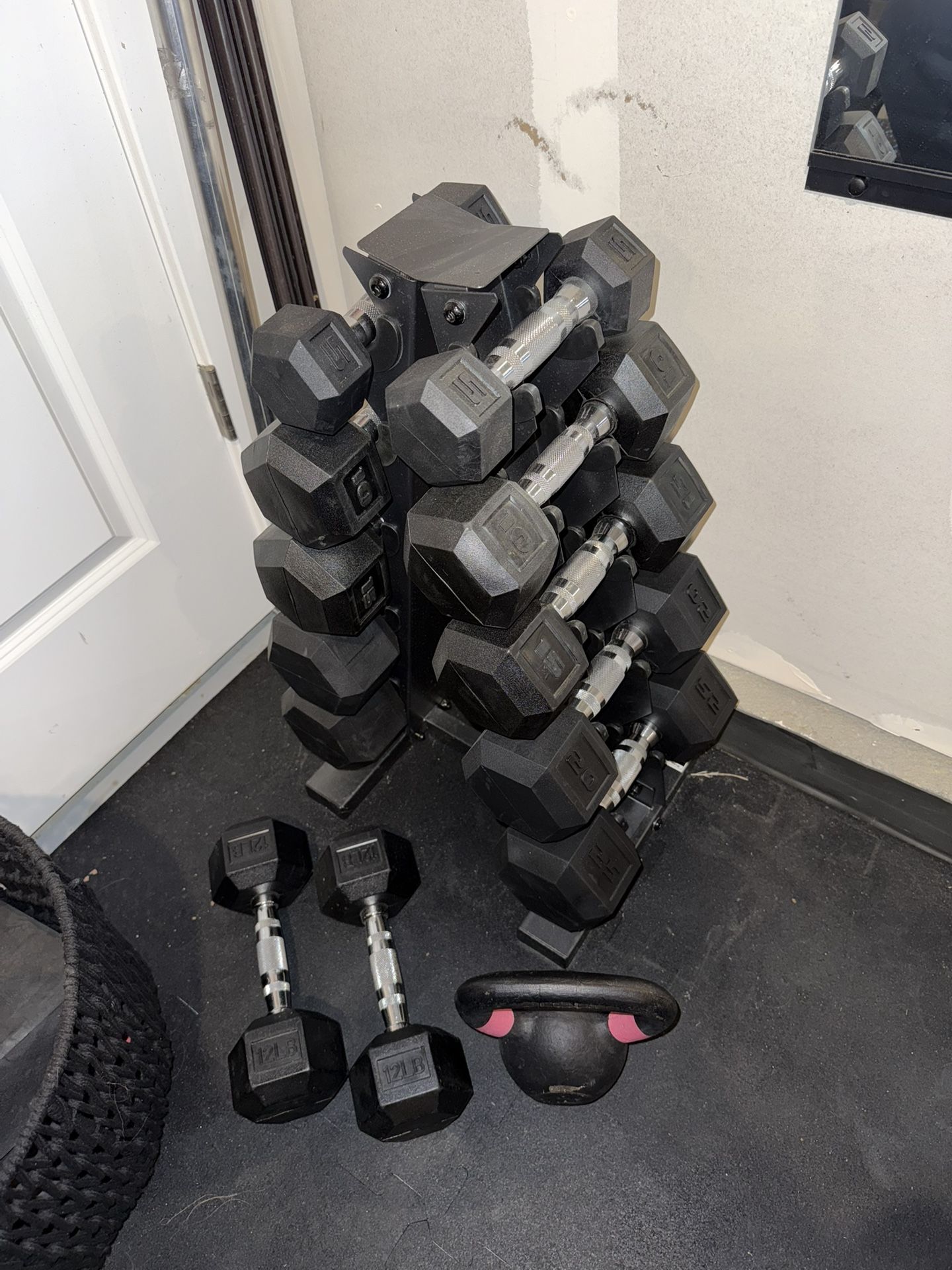 Complete Dumbbell Set w/ Rack (5–25 lb Pairs) + Kettlebell