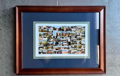 Beautifully Framed professional collage of NAU Northern Arizona University by Rich Ernsting features a distinct wood frame and dark blue matting.