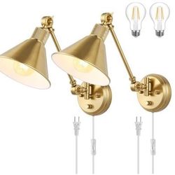 Hotel Grade Brush Gold Dimmable Swing Arm  Wall Sconce Set /2