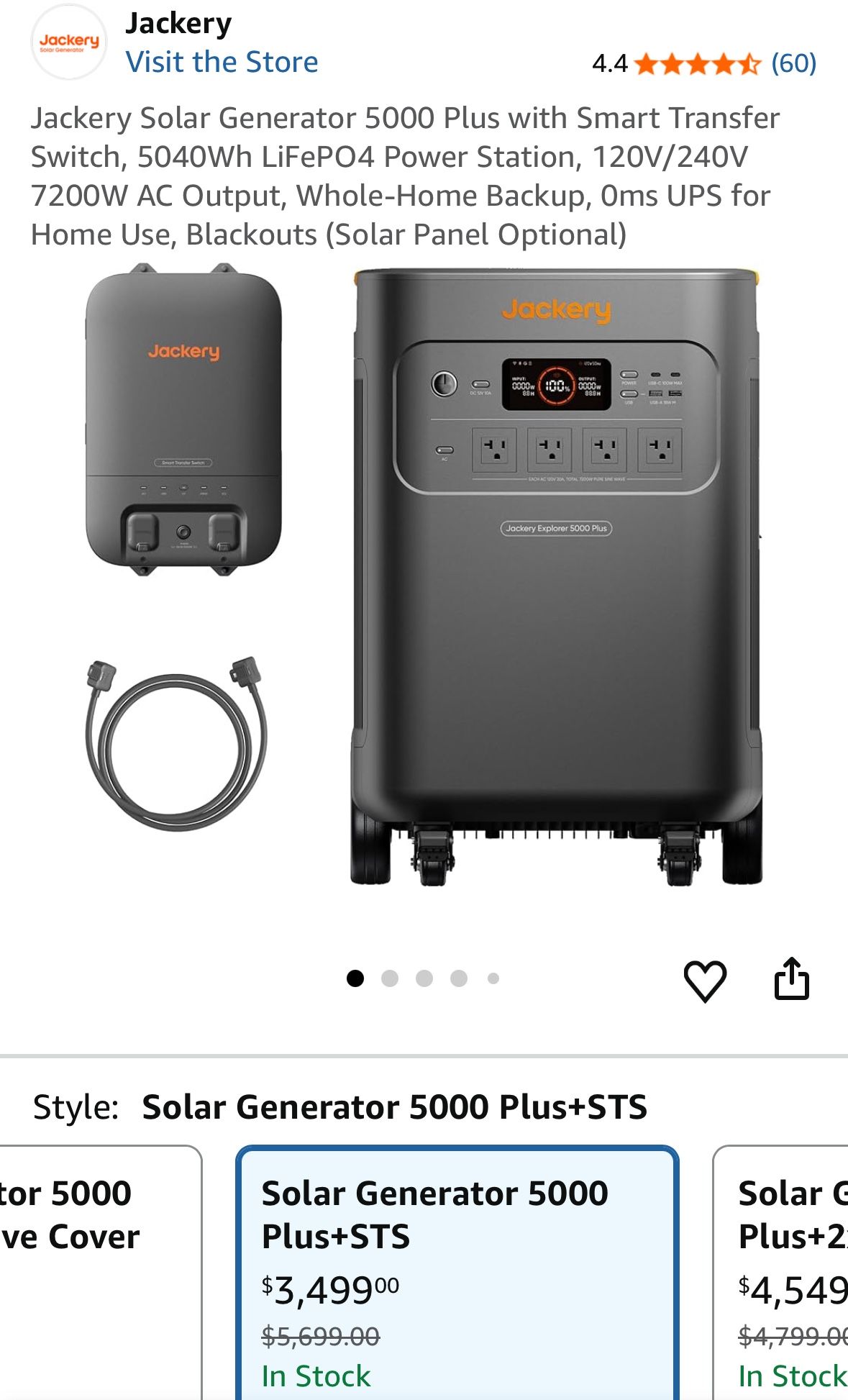 Jackery Solar Generator 5000 Plus with Smart Transfer Switch, 5040Wh LiFePO4 Power Station, 120V/240V 7200W AC Output, Whole-Home Backup, 0ms UPS for 