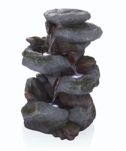 22 in. Tall Outdoor 3-Tier Rock Waterfall Floor Fountain with LED Lights