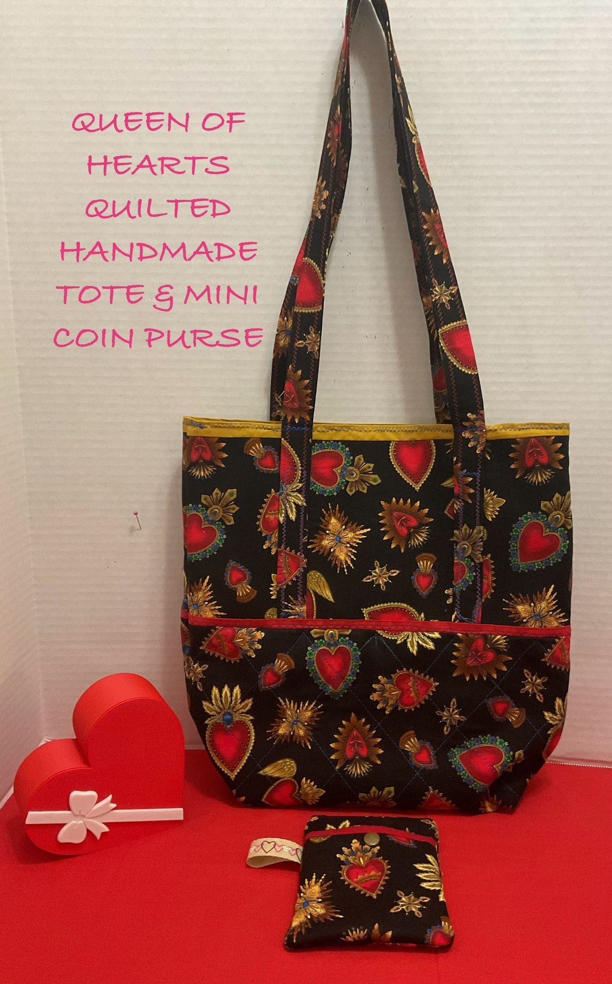 LITTLE QUEEN OF HEARTS BROOCHES QUILTED HANDMADE TOTE AND MINI COIN PURSE
