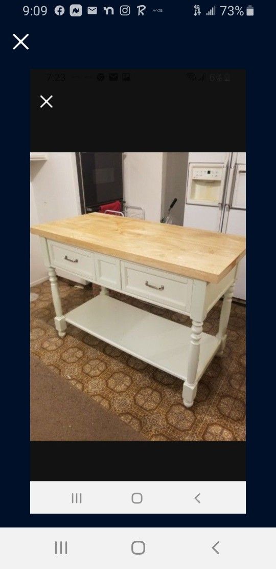 Kitchen Island  Size 52 WideX 25 DeepX3ft Tall...wooden Top And White Bottom 2 Drawers Pull Through Other Side..Good Condition!