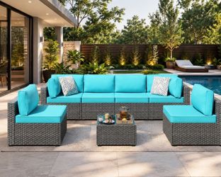New 7 pcs Outdoor Patio Sectional Furniture Outdoor Wicker Sofa, Patio Furniture Sets for Backyard (Blue)  New in box  DSTB7-H1, DSA-H1, DSA-H1 *  * M