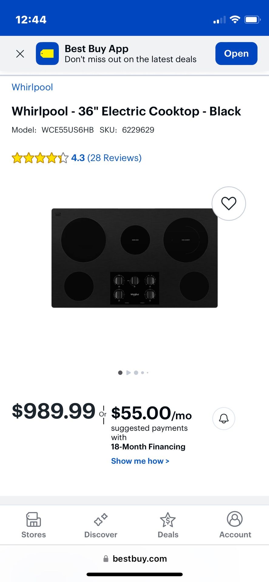 Whirlpool Cooktop 36-inch Dual Radiant Ceramic Glass