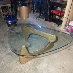 Modern Glass Coffee Table w/ Sculpted Wood Base