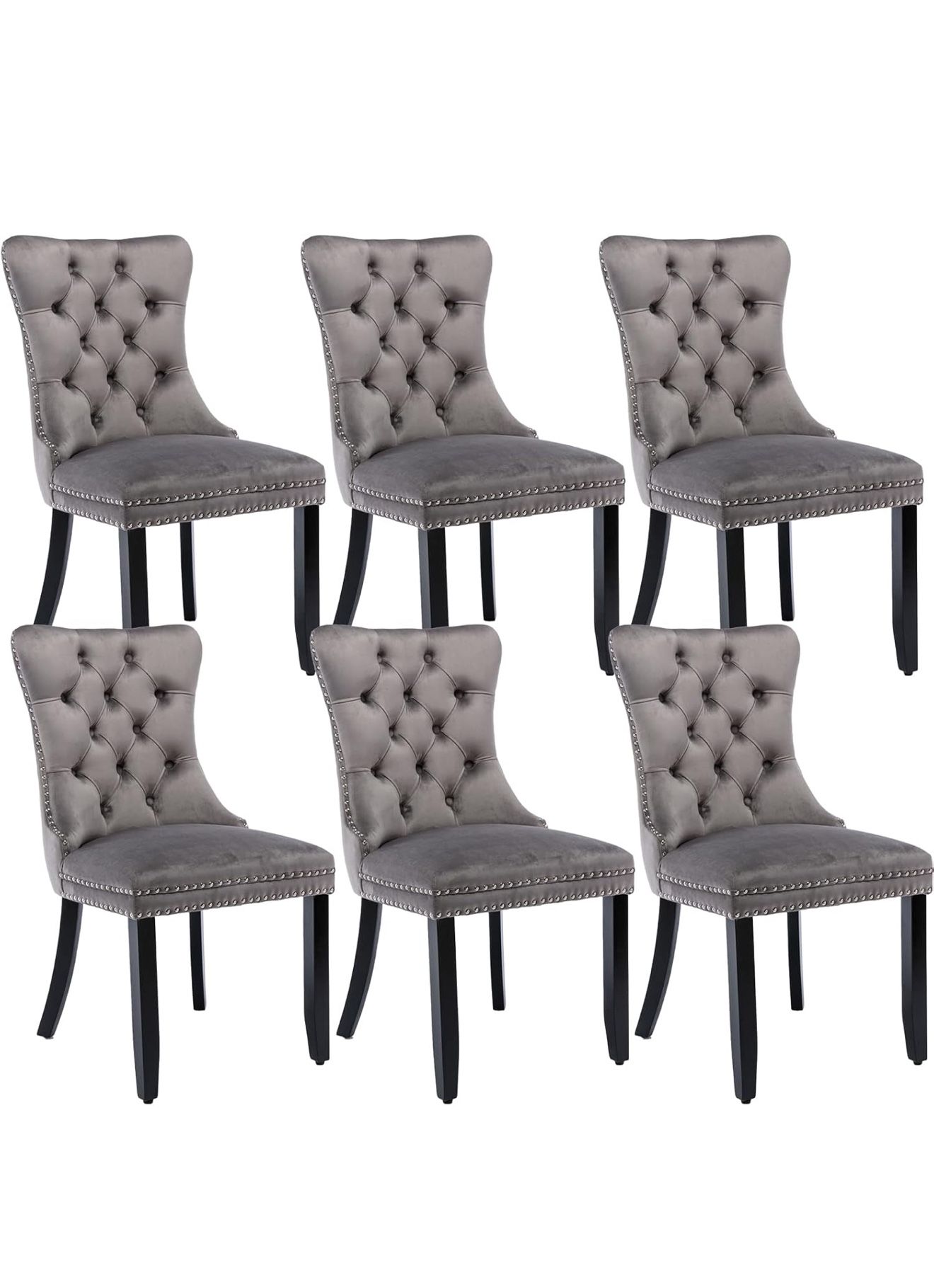 Grey Velvet Dining Chairs Set of 6, Upholstered Dining Room Chairs Tufted Wingback Kitchen Chairs, with Back Ring Pull Trim, Solid Wood Legs, for Dini