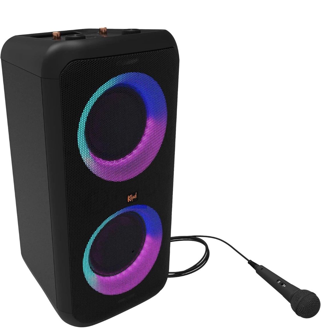 Klipsch Gig XXL Bluetooth Towel80 Watts, $449 Retail price, 80 Watts, 22”Hx12”Wx11”D, Light Show, Includes Corded Microphone