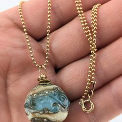 1” handmade glass pendant" OCEAN BLUE WAVES"on a ball chain 1/20 14K GOLD FILLED 