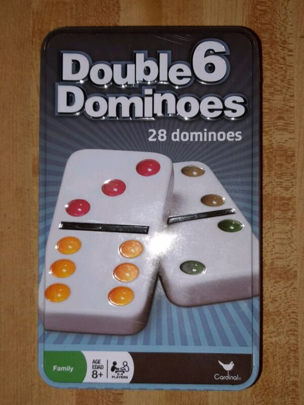 CARDINAL DOUBLE 6 COLOR DOT DOMINOES 28 ASSORTED COLORS IN TIN PIECES CAN BE USED TO PLAY 16 DIFFERENT GAMES; INSTRUCTIONS INCLUDED