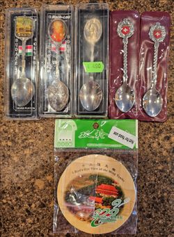 Set of 5 European Souvenir Spoons & Chinese Bamboo Coasters