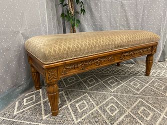 Vintage Decorative Carved Wood Bench Seat with Plush Geometric Cushion