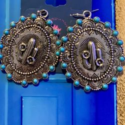 Saguaro Cactus Design On Silvertone With Turquoise Earrings