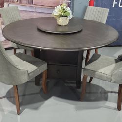 5 PIECE DINING TABLE ROUND BROWN WOOD 53x53