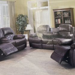 Brown Leather Fully Reclining Couch Set Three Pieces 