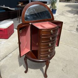 Antique Wood Jewelry Armoire w Mirror Top & Drawers