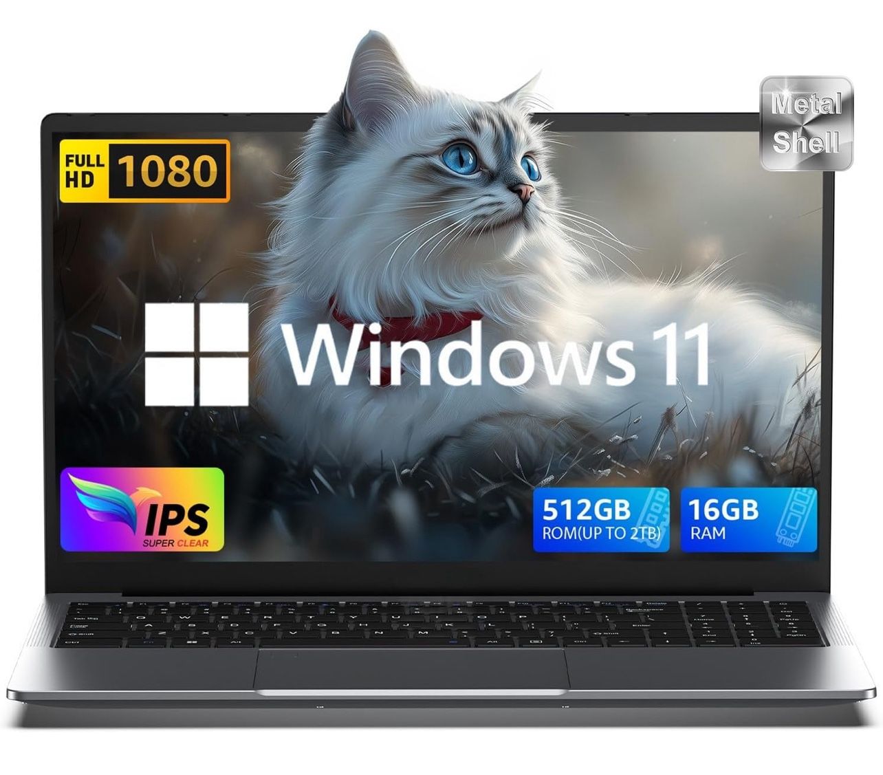 15.6" Laptop with Windows 11, Intel N150 Processor,16GB DDR4 RAM 512GB SSD, FHD IPS Display, 5000mAh Battery,WiFi,Bluetooth,Type-C,Micro SD,Slim Lapto