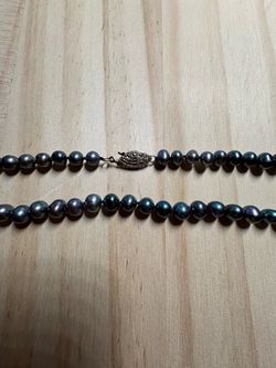 Vintage Black Cultured Pearl Necklace Sterling Silver Clasp