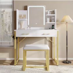 2-Drawers White LED Light Makeup Vanity Sets with Touch Screen Dimming Mirror, Bulid-in Outlets and Storage Shelves