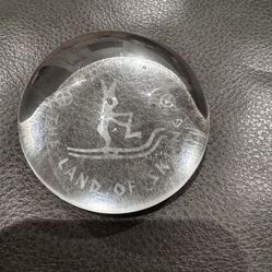 Vintage Norway the land of skiing clear glass paperweight figurine approx 2.5” In great condition  