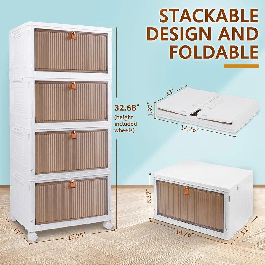 4 Tier Stackable Plastic Storage Bins with Lid and Wheels - 23 QT Closet Organizers and Storage, Foldable Storage Containers, Organization and Storage