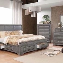 Brand New 4 PC Grey Wood Bedroom Set with Storage Drawers