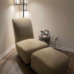 Beige Faux Suede Accent Lounge Chair With Ottoman