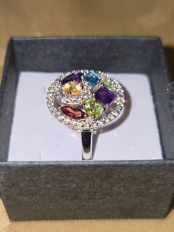 Genuine Multi Gemstone Ring in .925 Sterling Silver. Size 7.