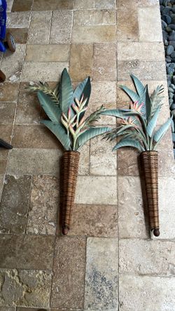 Vintage wicker and metal tropical floral wall art