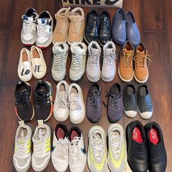 Kids Shoes up left to Right  DC size 4y $10  Boots light brown size 4Y $15  Black dress shoes size 4Y $15  Robber water shoes 2.5y $5  White Tom’s Gir