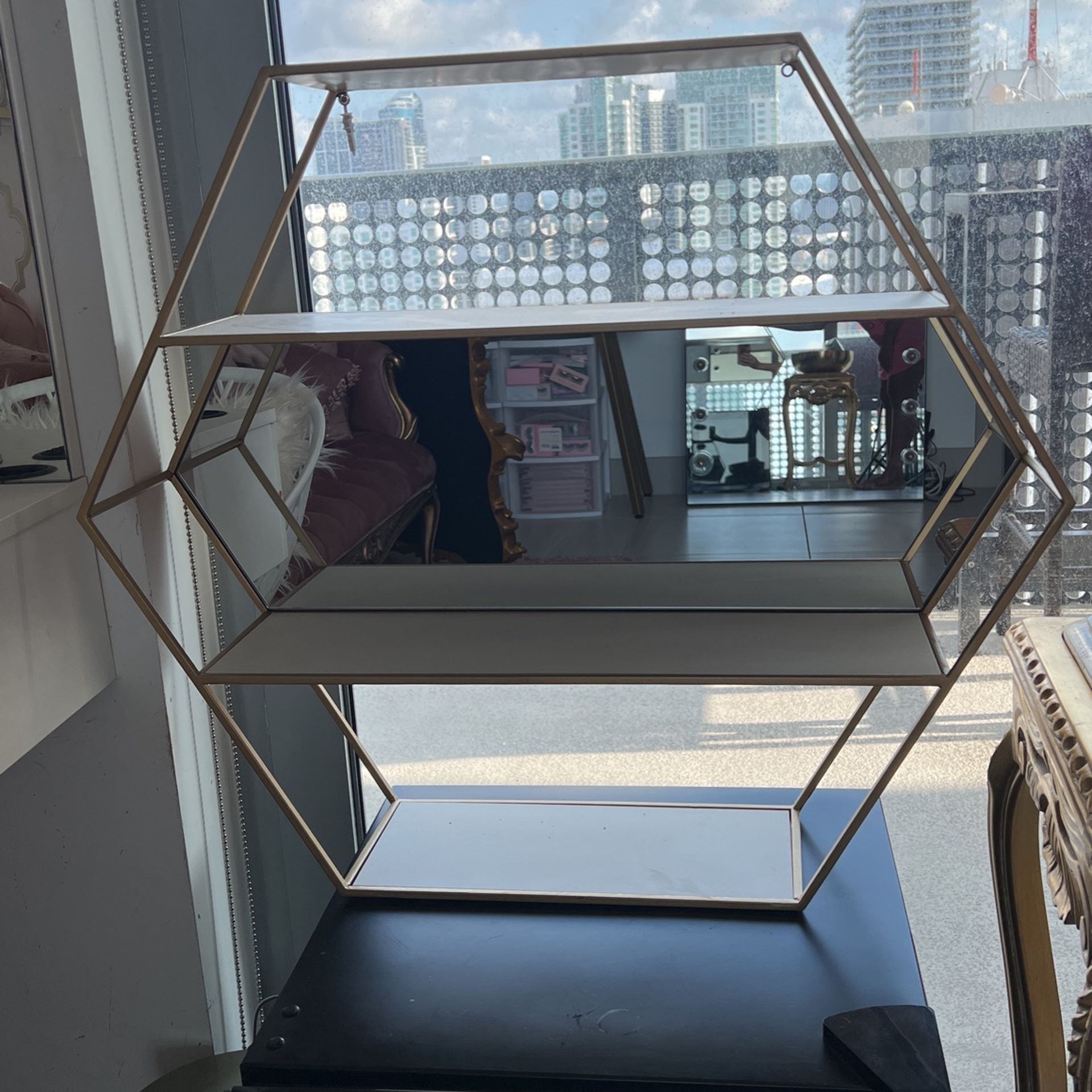 Wall Mirror Floating Shelves, 24x28 White & Gold