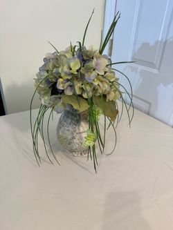 Rustic Ceramic Vase with Hydrangea Silk Floral Arrangement
