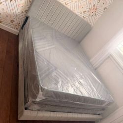 New queen size bed frame + Queen mattress + box spring            only 2 left