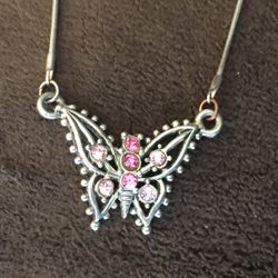 Super Cute Pink And Silver Butterfly Necklace