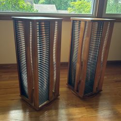 Pair of 4-Sided Revolving Wooden CD DVD Storage Towers - 176 Capacity Each