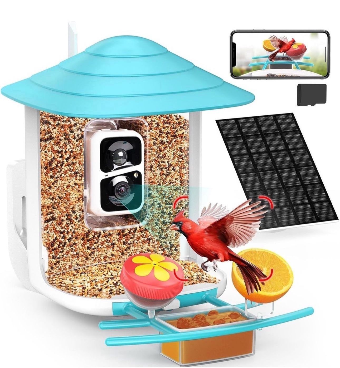 Bird Feeder with Camera 2K Live Stream 160°View with Solar Panel 32GB Card 4-in-1 Perch, Auto Notify AI Identify 10000+ Bird Watching Camera 2.4G WiFi