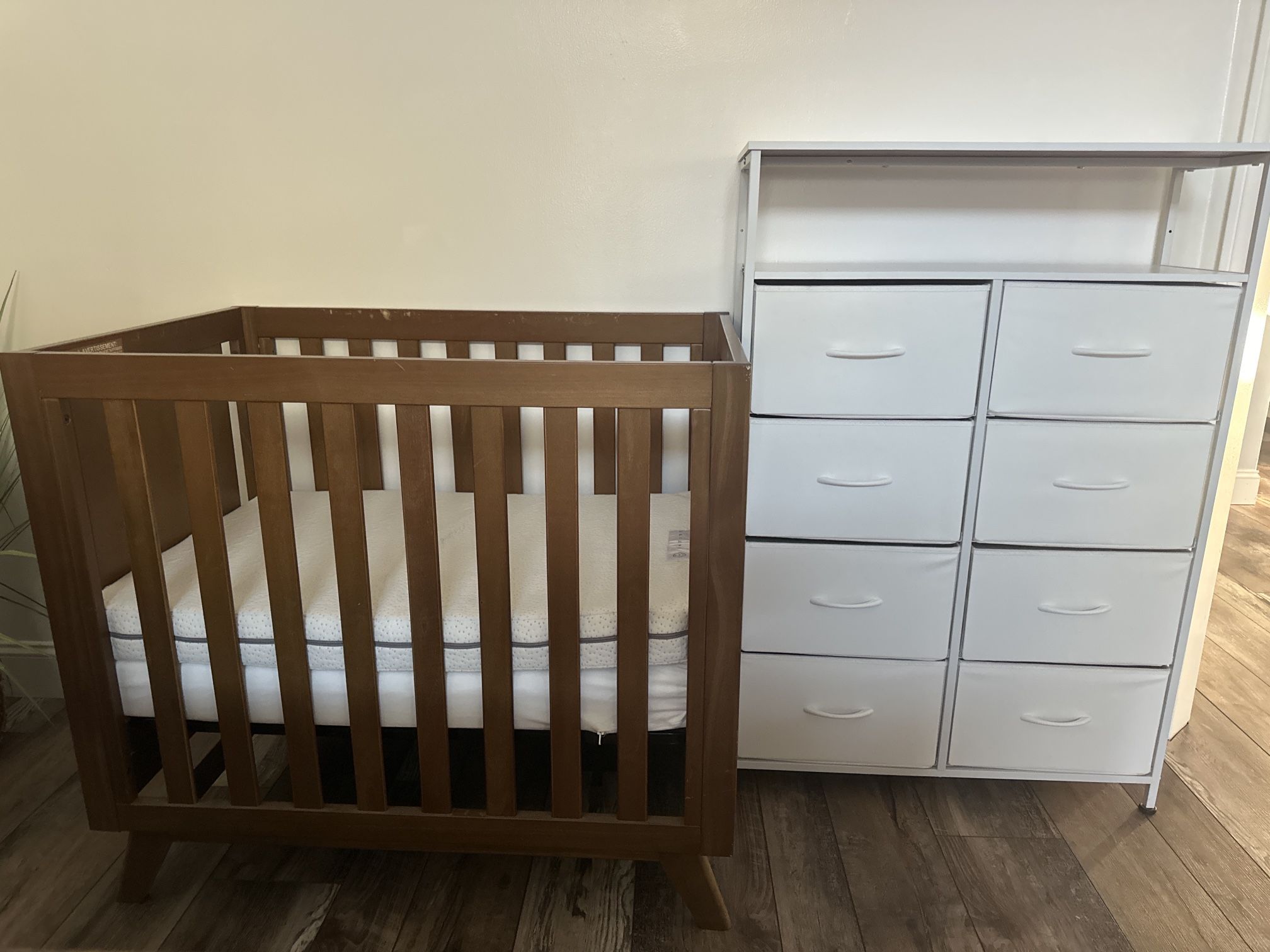 Wooden Crib and White Dresser Set
