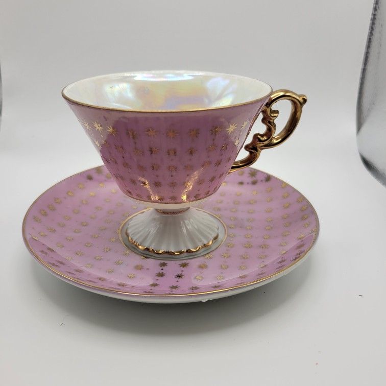 Vintage Norcrest Cup & Saucer Lusterware Pink Gold Star Pattern Footed - C136
