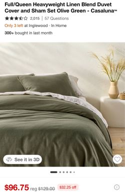 Full/Queen Heavyweight Linen Blend Duvet Cover and Sham Set Olive Green - Casaluna