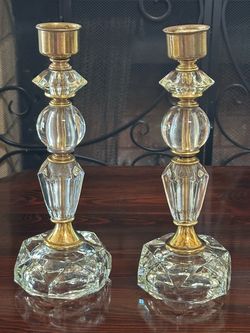 Vintage Hollywood Regency Crystal & Brass Candlestick Holders – Matching Pair 12” tall