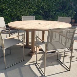 Teak patio set, Janus et Cie 65" table and 6 Harbour Outdoor stainless steel chairs 