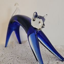 $45.00 - Murano Inspired Cobalt Blue & Clear Hand-blown Crystal "Stretching Cat"!  Gorgeous Statement Accent!