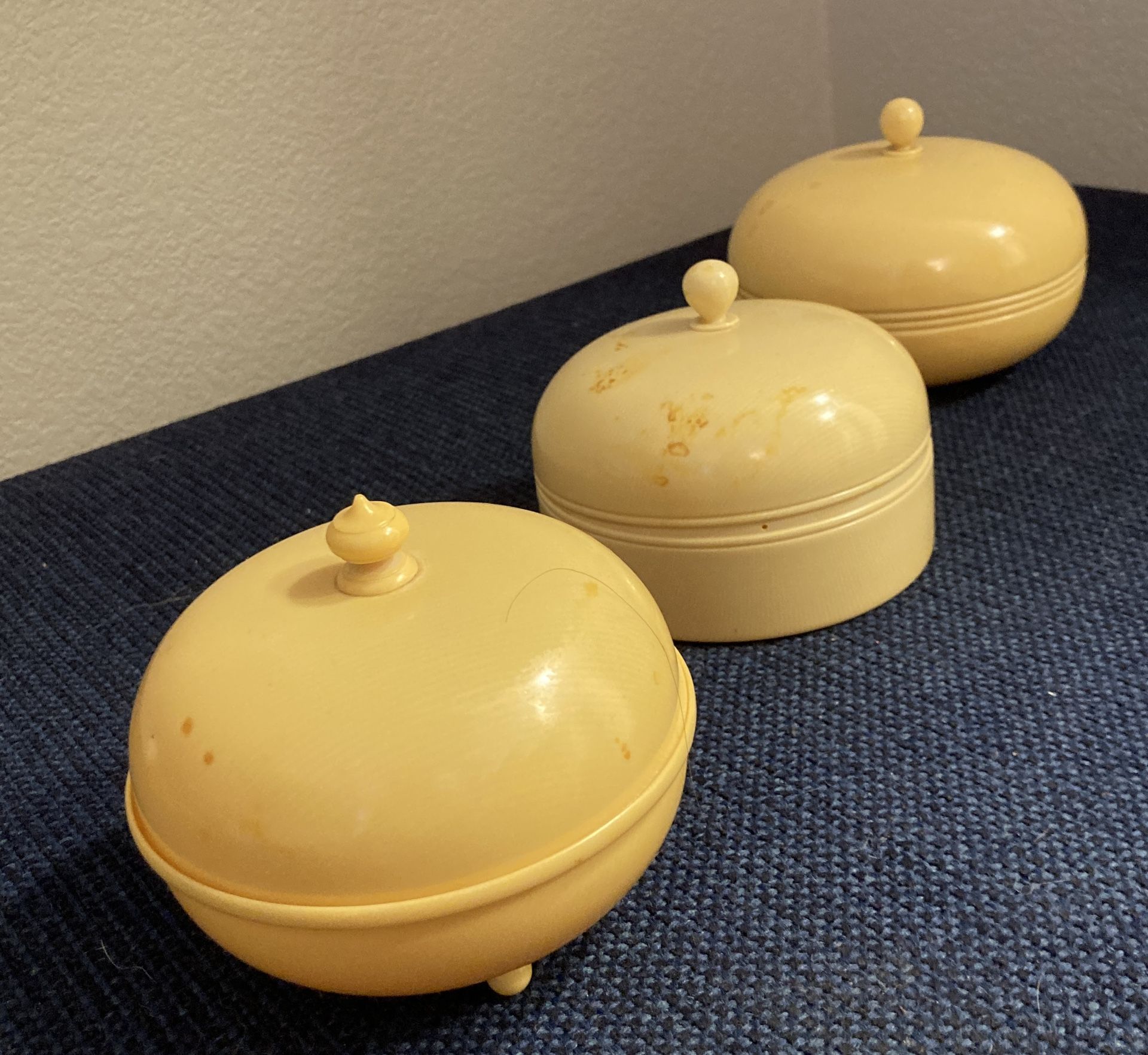 Vintage Ivory Py-ra-lin French Celluloid Vanity Powder Boxes with lids