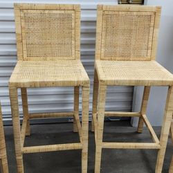 Set Of 4 Counter Stool Chair In Mahogany Qood And Rattan