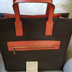 Michael Kors Kenly Large North South Tote Leather Brown MK Signature  Tangerine NEW for Sale in Santa Clara, CA - OfferUp
